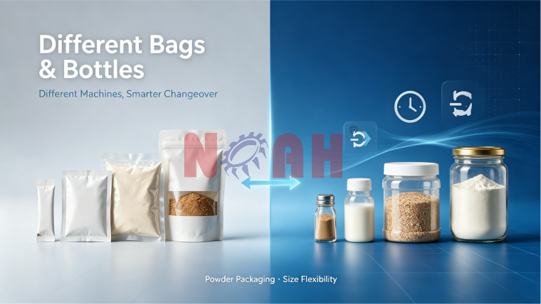 Can one powder sealing machine handle different bag/bottle sizes? How long does changeover take?